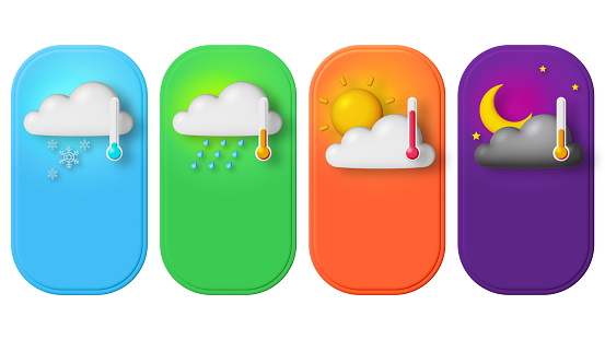 Set of weather icons isolated on white background. realistic objects. Plasticine style. 3D illustration. Place for text.