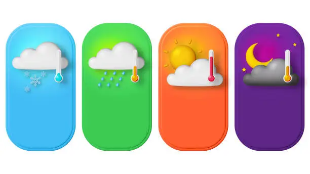 Photo of Set of weather icons isolated on white background. realistic objects. Plasticine style. 3D illustration.