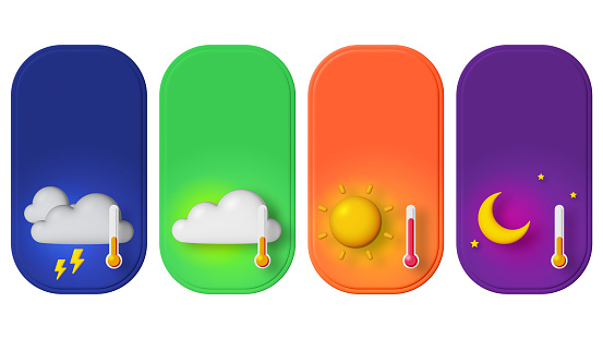 Set of weather icons isolated on white background. realistic objects. Plasticine style. 3D illustration. Place for text.