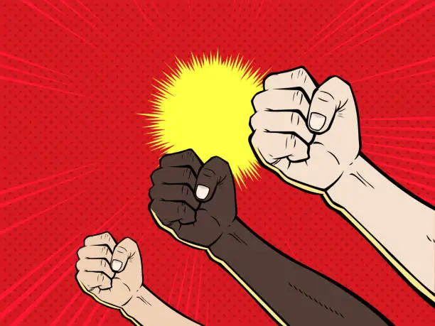 Vector illustration of Vector Pop Art Multiracial Group of Fists Up in the Air Stock Illustration