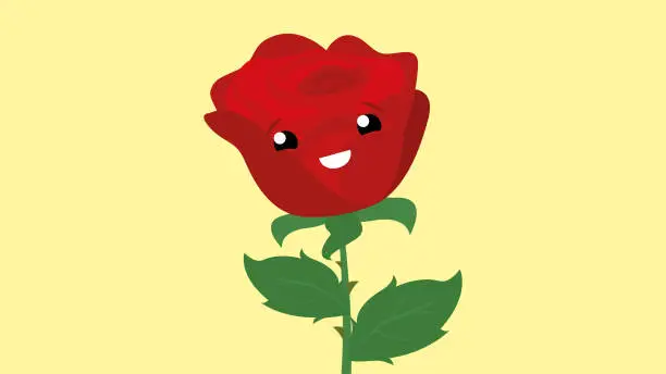 Vector illustration of a red rose with a happy face on a yellow background