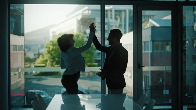 Business people, high five and meeting success, hiring and recruitment goals or b2b teamwork in office silhouette. Professional manager and woman hands together in support, opportunity or celebration
