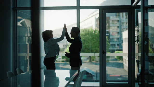 Business people, high five and team success, hiring meeting and recruitment goals or b2b achievement in office silhouette. Professional manager and woman hands together for opportunity or celebration