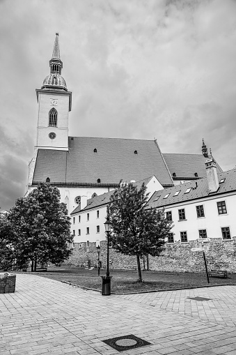 Bratislava, Slovakia: St Martin's Cathedral; the cathedral of Bratislava in black and white