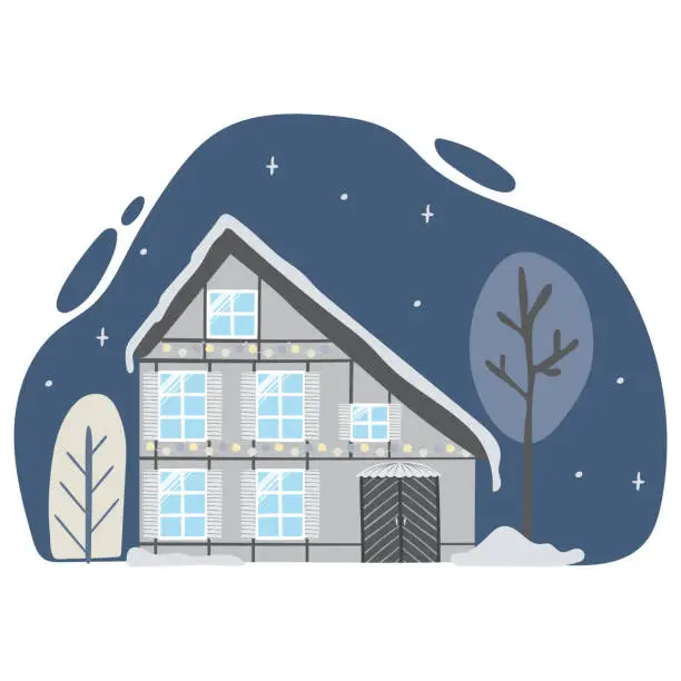 Vector illustration of Landscape with European house buildings with Christmas decoration on facades.