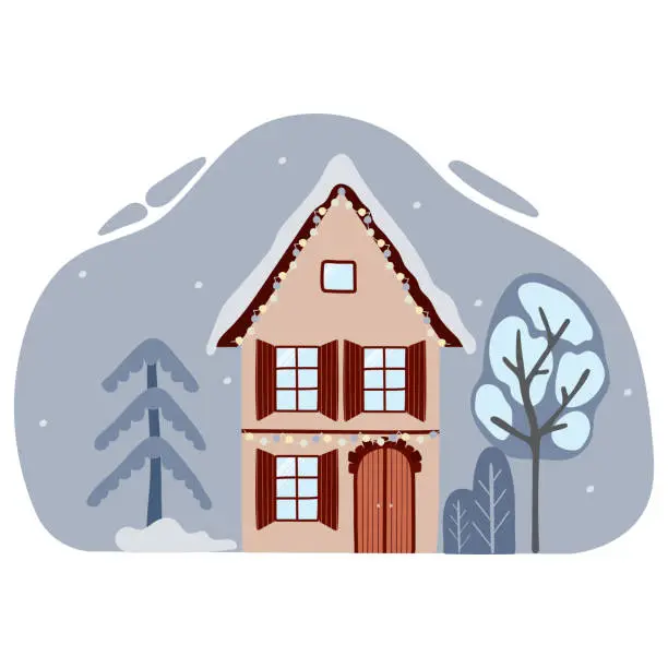 Vector illustration of Landscape with European house buildings with Christmas decoration on facades.