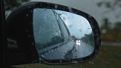 Side Mirror View of Car Driving in Heavy Rain
