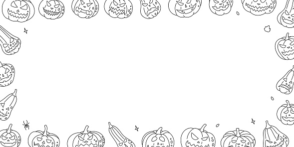 Pumpkins scary faces horizontal banner. Halloween pumpkins faces outline illustration. Autumn halloween pumpkins. Vector illustration. Isolated on white background.