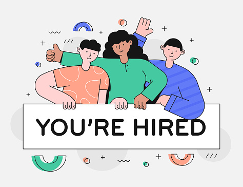 Illustration with a text of ‘You Are Hired’ on a banner