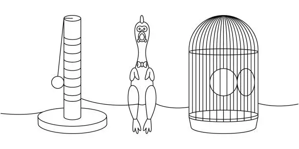 Vector illustration of Pet supplies set one line continuous drawing. Cat tower, cat scratch post, rubber chicken toy, bird cage continuous one line illustration.