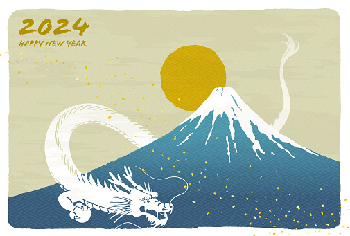 New Year's card template with dragon, Mt. Fuji, and sunrise, symbol, silhouette, cool, Japanese, oriental