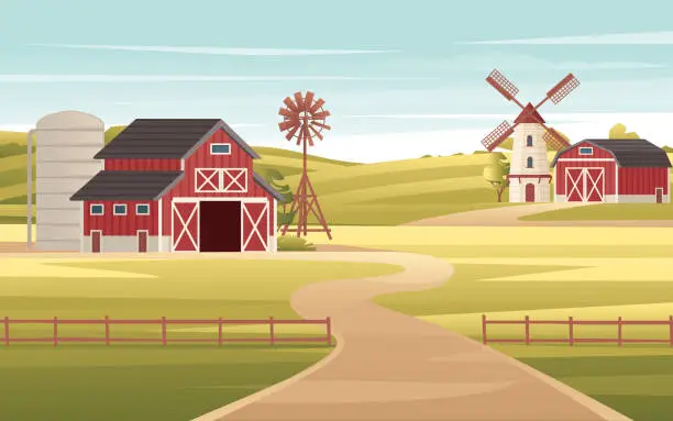 Vector illustration of Rural landscape farmland with windmill and agriculture buildings sunny day vector countryside illustration