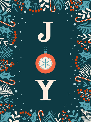 JOY. Christmas greeting card design with hand drawn winter floral elements.