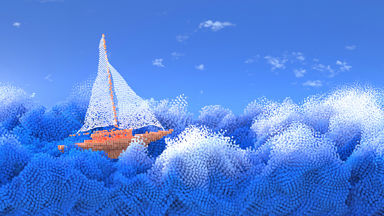 Boat over the sea waves, surfing the net and metaverse concept, 3d render