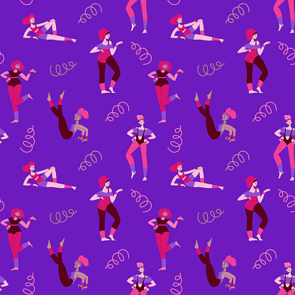 80-90s stylisation. Seamless pattern with women doing aerobics. Repeatable pattern with characters with retro sportswear