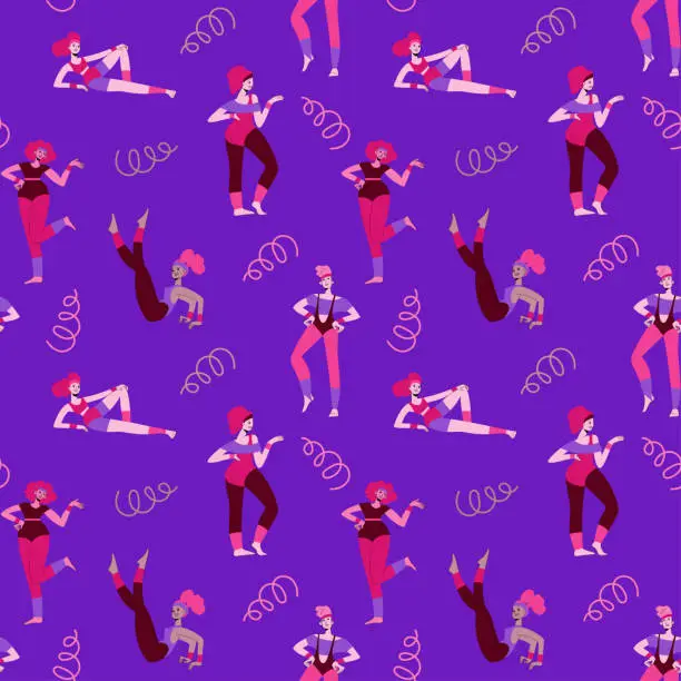 Vector illustration of 80-90s stylisation. Seamless pattern with women doing aerobics. Repeatable pattern with characters with retro sportswear