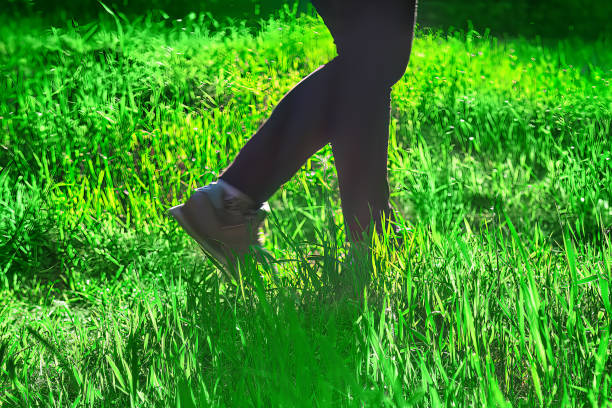 Woman walking on a green meadow in the sunny day