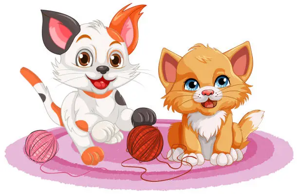 Vector illustration of Two Kittens with Yarn Balls