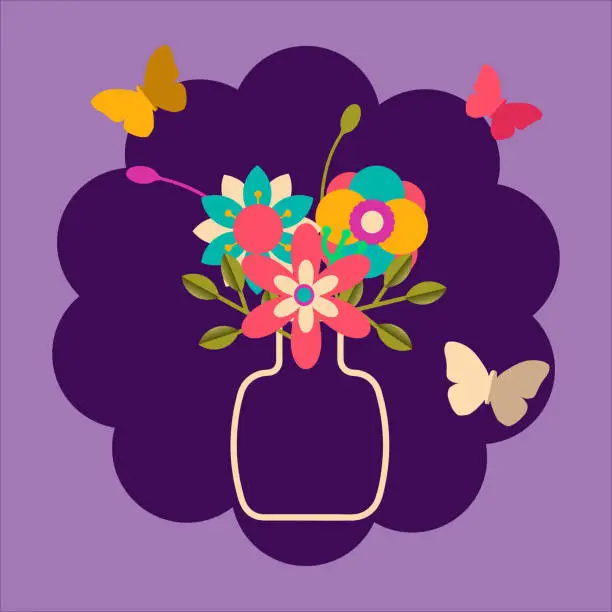 Vector illustration of Flowers on a vase and Butterflies paper cut art on purple background. Vector Ilustration. EPS10