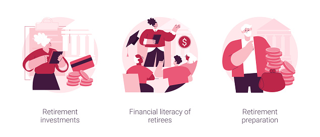 Retiree budget plan abstract concept vector illustration set. Retirement investments, financial literacy of retirees, pension preparation, income control, banking deposit abstract metaphor.