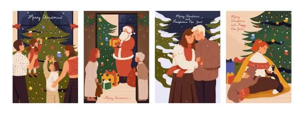 Vector illustration of New year postcard. Family decorate christmas tree. Santa Claus leave presents under fir for kids. Girl with pets near xmas firtree with lights. Couple hug in newyear holidays. Flat vector illustration