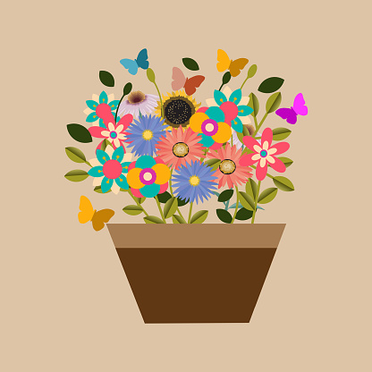 Colorful flowers in a brown flower pot on light brown background. Vector illustration used as background, printing artwork, invitation cards, fabric pattern ect. EPS 10