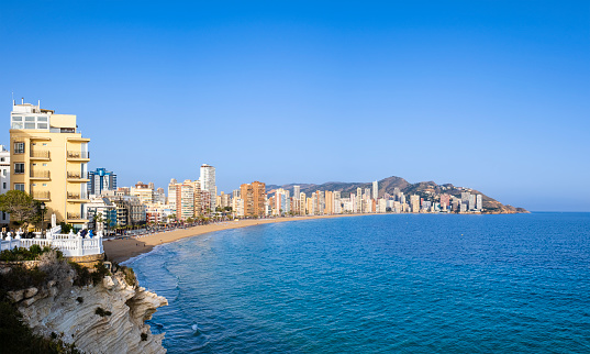 Skyscrapers lined up on the seafront of Benidorm, a very popular tourist destination on the Costa Blanca (4 shots stitched)