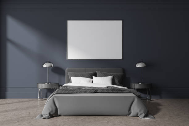 istock Dark bedroom interior with bed and nightstand with lamp. Mockup frame 1701988070