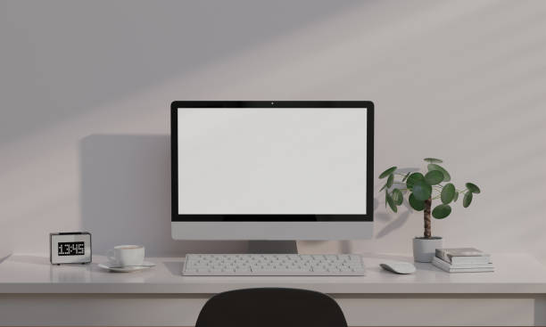 istock Home office desk workspace with computer and office supplies on white wall. Modern interior design concept. 3d rendering. 1701989418
