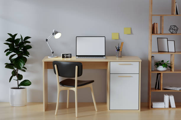 istock 3D render of interior modern living room workspace with desk and desktop computer. Home office is a safe place to work. 1701992257