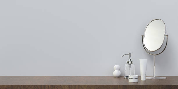 istock Empty modern, minimal and cream dressing table top in white wall bedroom for beauty, cosmetic product display background 1701992272