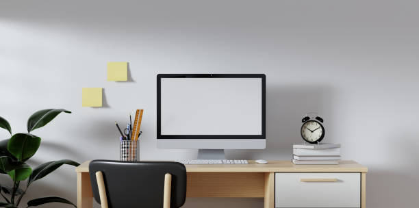 istock 3D render of interior modern living room workspace with desk and desktop computer. Home office is a safe place to work. 1701992846