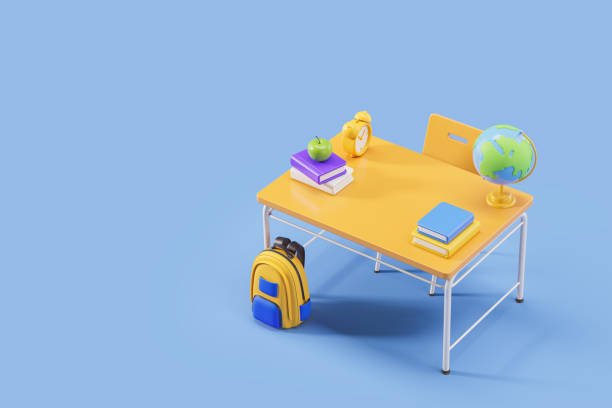 istock School desk and chair with backpack, globe and books, top view 1701993904