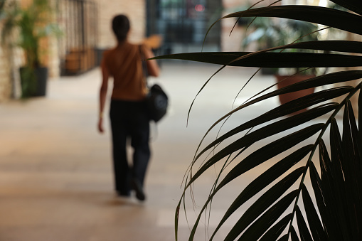 Woman walking in the hallway and indoor plant leaves