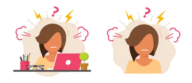 Vector illustration of Angry stressed woman girl office worker icon vector graphic illustration flat cartoon, female boss hating sad negative mood shout scream, rage dissatisfaction unhappy furious annoyed person image