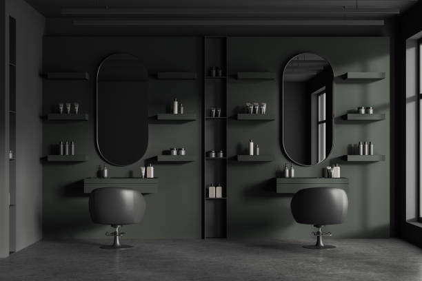 istock Dark barbershop interior with armchairs in row and accessories, window 1701997569