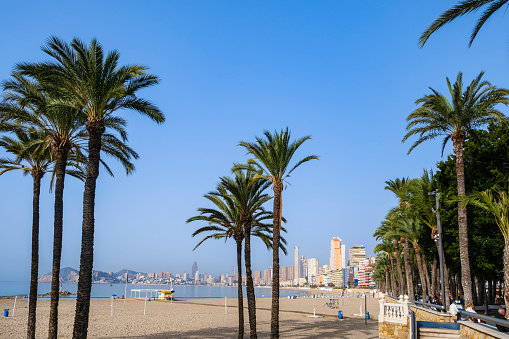 Poniente Beach, one of the two large beaches in Benidorm, a very popular tourist destination on the Costa Blanca