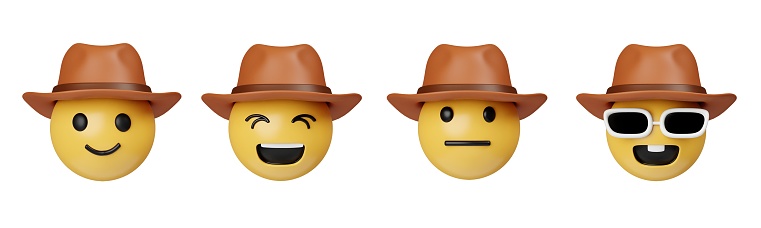 3d emoji cowboy hat face role happy horse riding person. icon isolated on gray background. 3d rendering illustration. Clipping path..