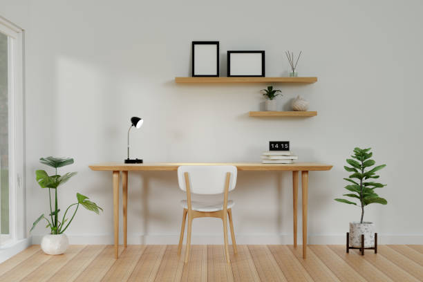 istock Comfortable working place, Home office decor. 3d render, Bright color. 3d render illustration 1702010464