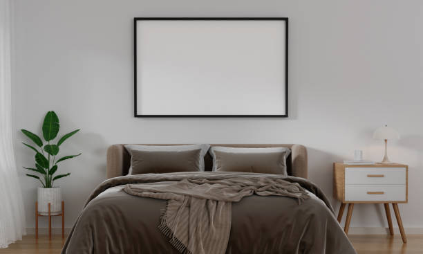 istock Frame horizontal frame mockup in cozy bedroom interior. 3d render illustration 1702010465