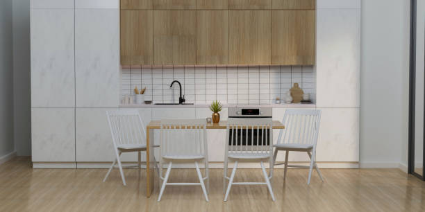 istock Modern and cozy bright kitchen dining room with wood and marble decor. 3d render illustration 1702010486