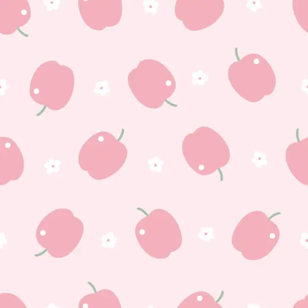 Vector illustration of Baby seamless pattern red apple fruit background with flowers on pink background hand drawn design in cartoon style