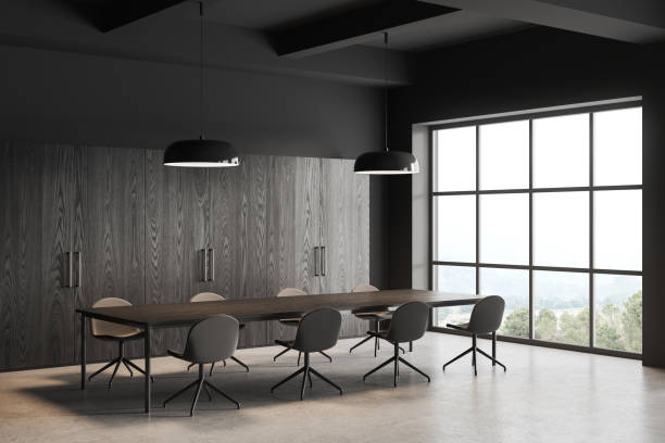 istock Grey modern meeting room interior with chairs and table, panoramic window 1702013910