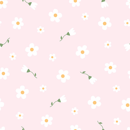 Baby seamless pattern Flower background randomly placed on a pink background Hand drawn design in cartoon style, used for fabrics, textiles, vector illustration