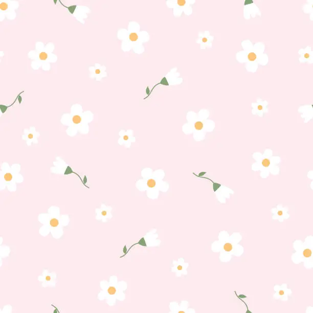 Vector illustration of Baby seamless pattern Flower background randomly placed on a pink background Hand drawn design in cartoon style