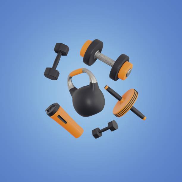 istock Realistic fitness composition. 3d sport objects, flying elements, workout gym tools, shaker, kettlebell and dumbbell, gym accessories, training yoga equipment, 3d render on the blue background concept 1702020063