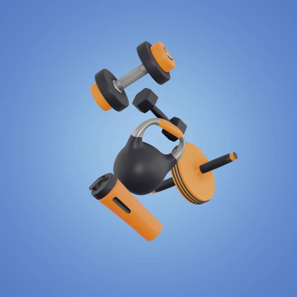 istock Realistic fitness composition. 3d sport objects, flying elements, workout gym tools, shaker, kettlebell and dumbbell, gym accessories, training yoga equipment, 3d render on the blue background concept 1702020065