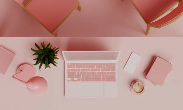 istock Top view pink room interior with laptop and lamp. 3d rendering illustration 1702022509