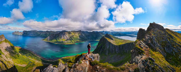 randonneur debout au sommet de la montagne husfjellet sur l’île de senja en norvège - comté de nordland photos et images de collection