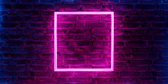 Neon brick wall with illuminated frame on textured background. Empty space with led lights.
